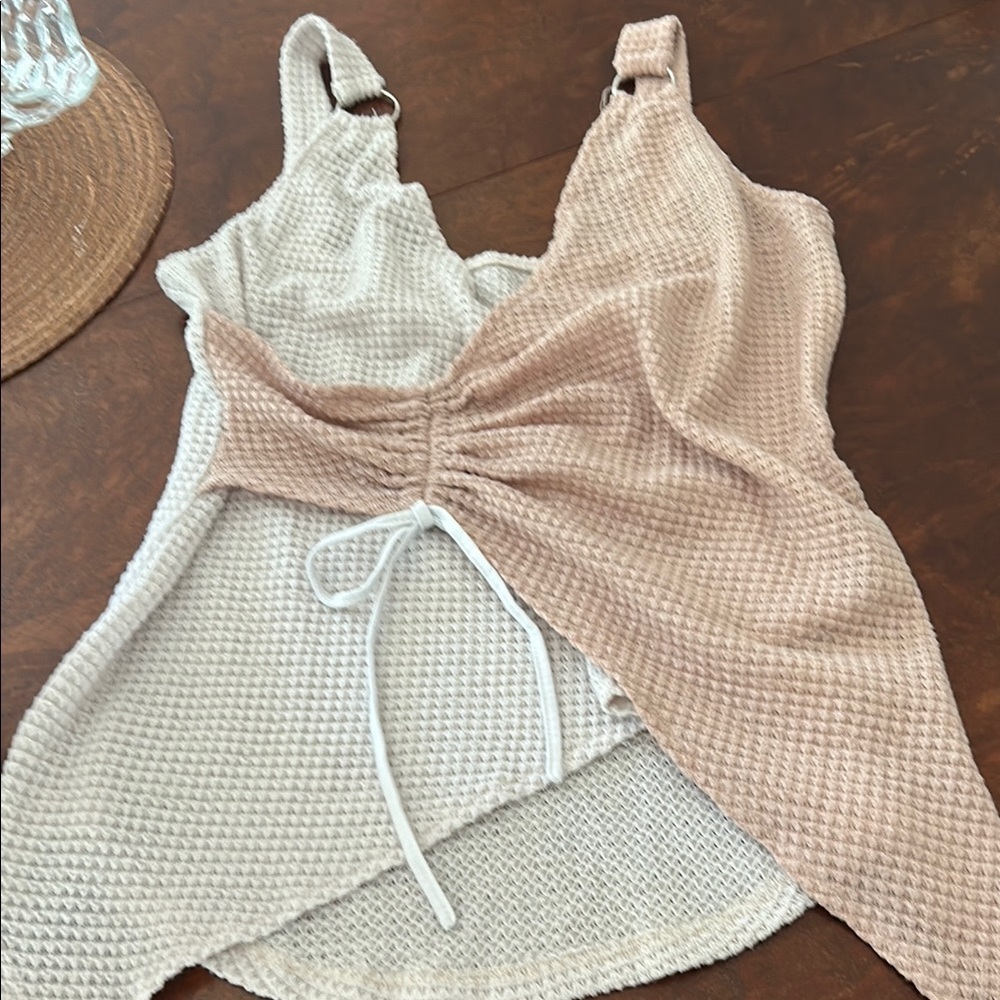 White and Tan Asymmetrical Ruched Tank Top - Picture 11 of 15